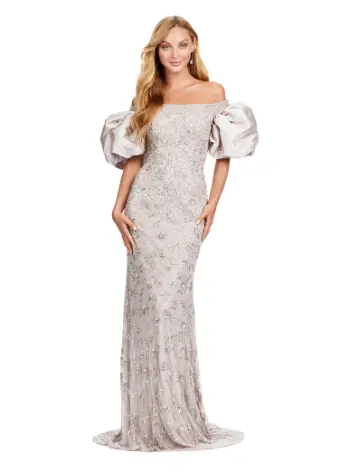 Ashley Lauren 11432 Long Evening Dress Fully Beaded Gown Off Shoulder Puff Sleeves Formal - Image 2
