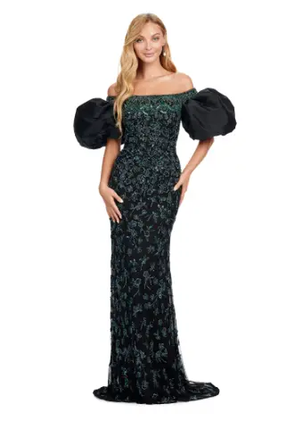 Ashley Lauren 11432 Long Evening Dress Fully Beaded Gown Off Shoulder Puff Sleeves Formal - Image 3
