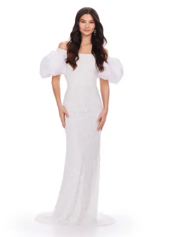 Ashley Lauren 11432 Long Evening Dress Fully Beaded Gown Off Shoulder Puff Sleeves Formal - Image 4