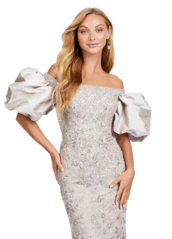 Ashley Lauren 11432 Long Evening Dress Fully Beaded Gown Off Shoulder Puff Sleeves Formal - Image 7