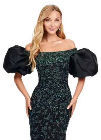 Ashley Lauren 11432 Long Evening Dress Fully Beaded Gown Off Shoulder Puff Sleeves Formal - Image 8