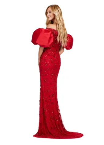 Ashley Lauren 11432 Long Evening Dress Fully Beaded Gown Off Shoulder Puff Sleeves Formal - Image 9