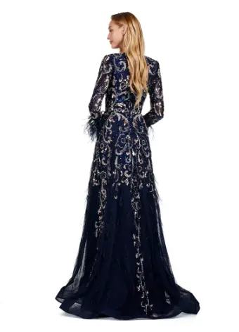 Ashley Lauren 11435 Long Prom Dress Long Sleeve A-Line Gown Feather Details Formal Pageant - Image 5