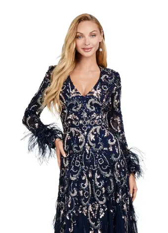 Ashley Lauren 11435 Long Prom Dress Long Sleeve A-Line Gown Feather Details Formal Pageant - Image 6