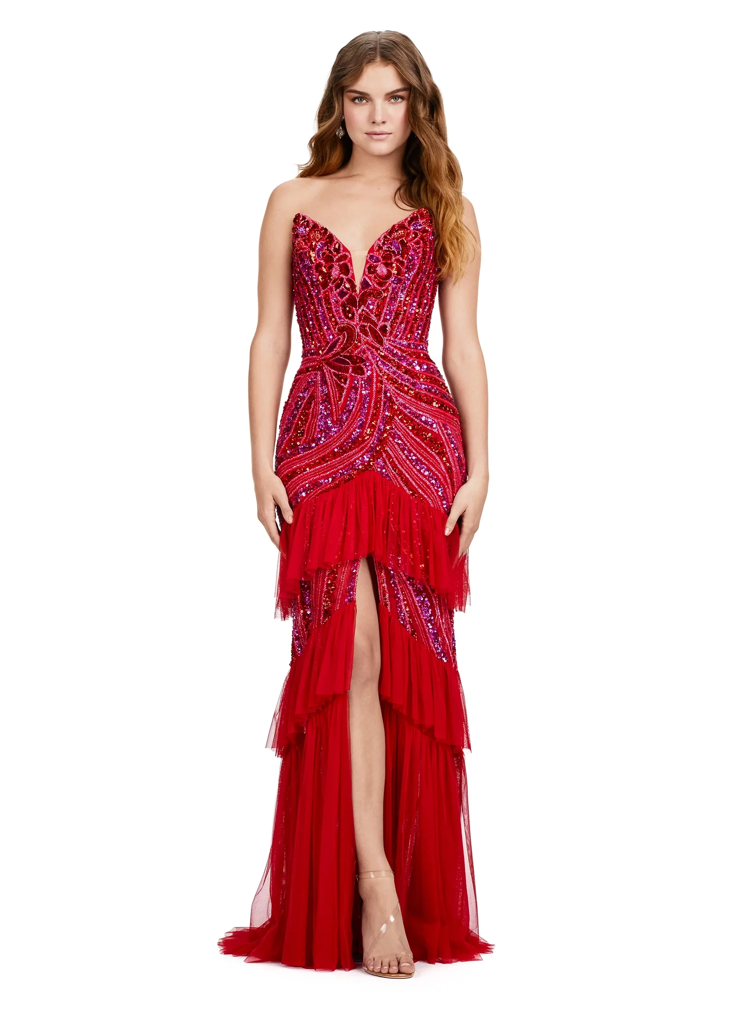 Ashley Lauren 11438 Strapless Beaded Sequin Front Slit Evening Dress Layered Tulle Pageant Gown Prom - Image 4