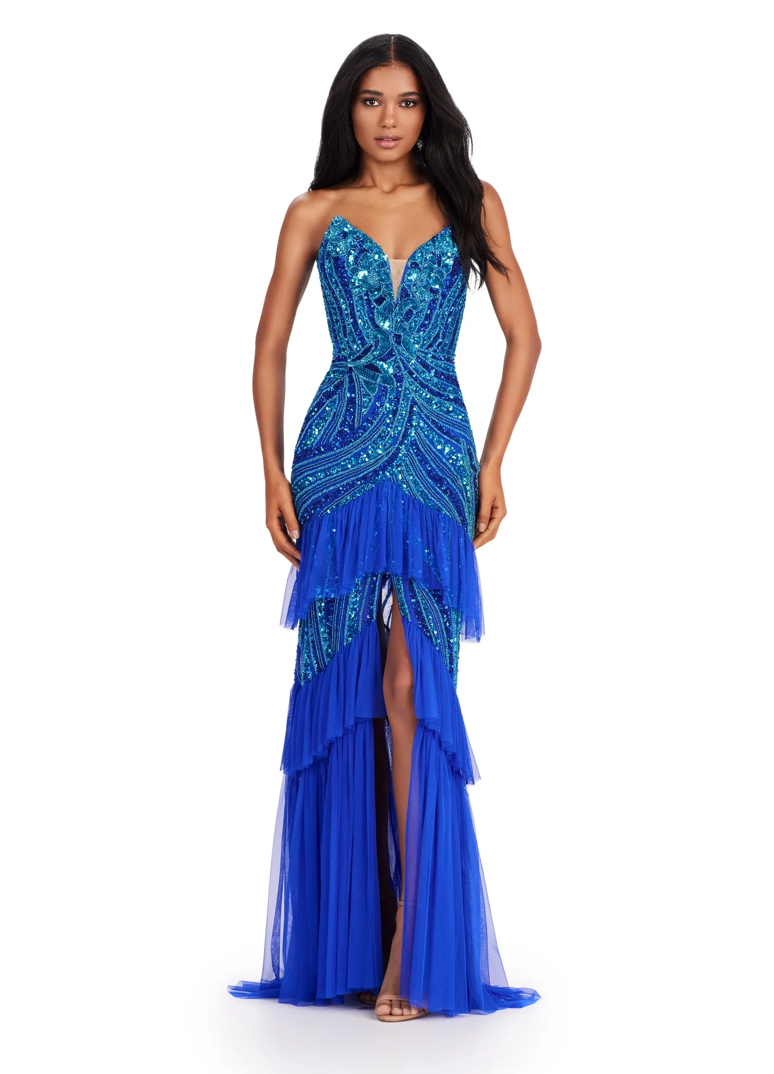 Ashley Lauren 11438 Strapless Beaded Sequin Front Slit Evening Dress Layered Tulle Pageant Gown Prom - Image 5