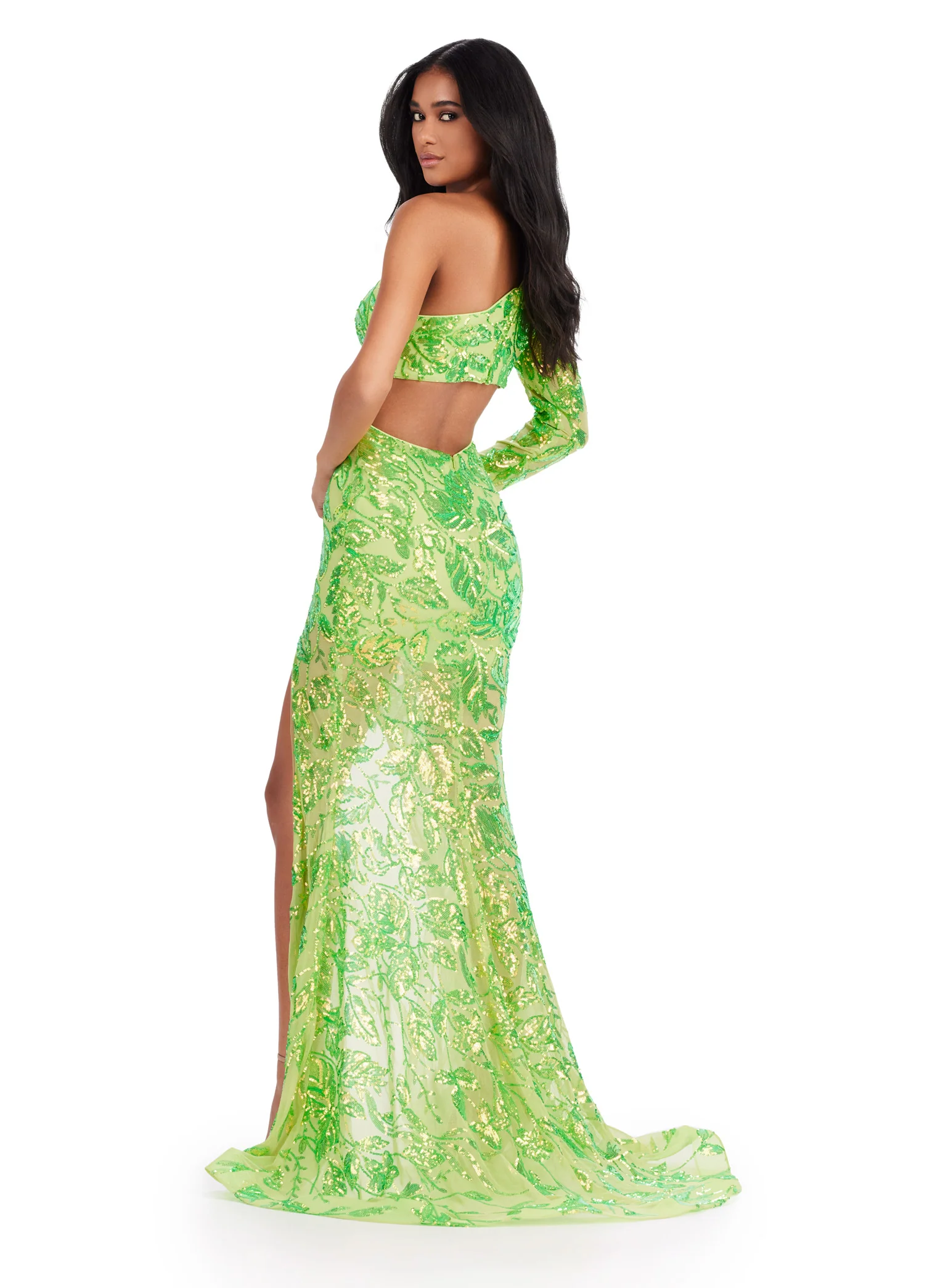 Ashley Lauren 11442 Long Sleeve Sequin One Shoulder Prom Dress Sheer Slit Cut Out Back Formal Gown - Image 6