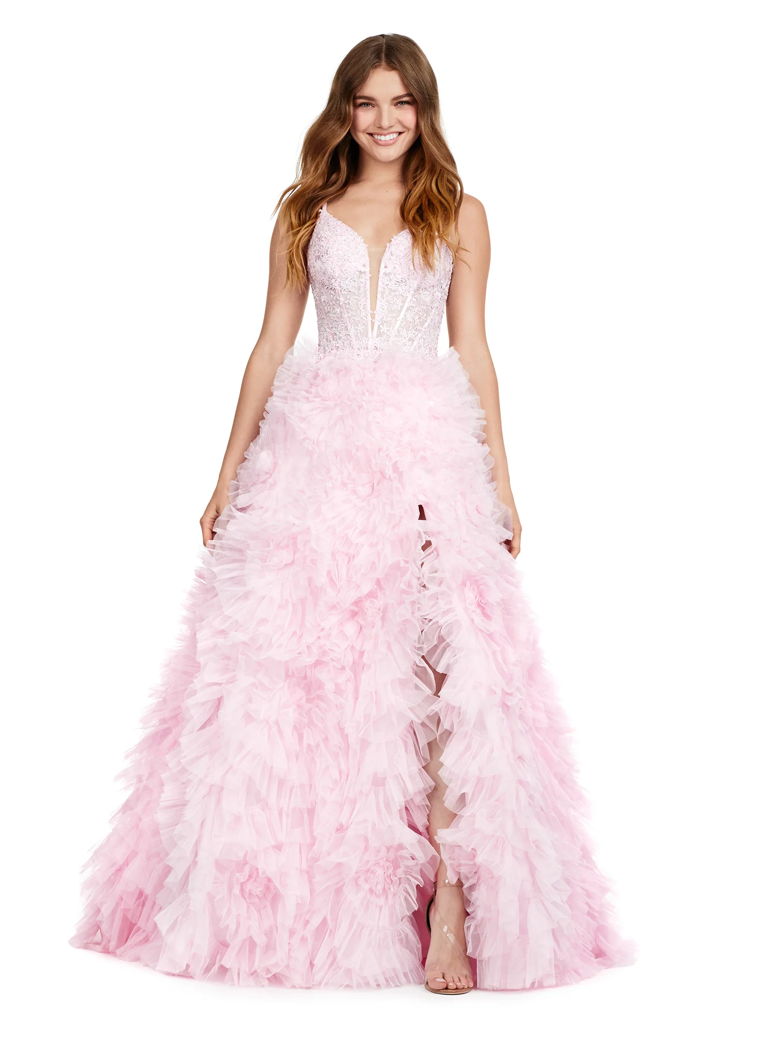 Ashley Lauren 11446 Long Prom Dress Spaghetti Strap V-Neck Gown Tulle Ruffled Skirt Formal Pageant - Image 2