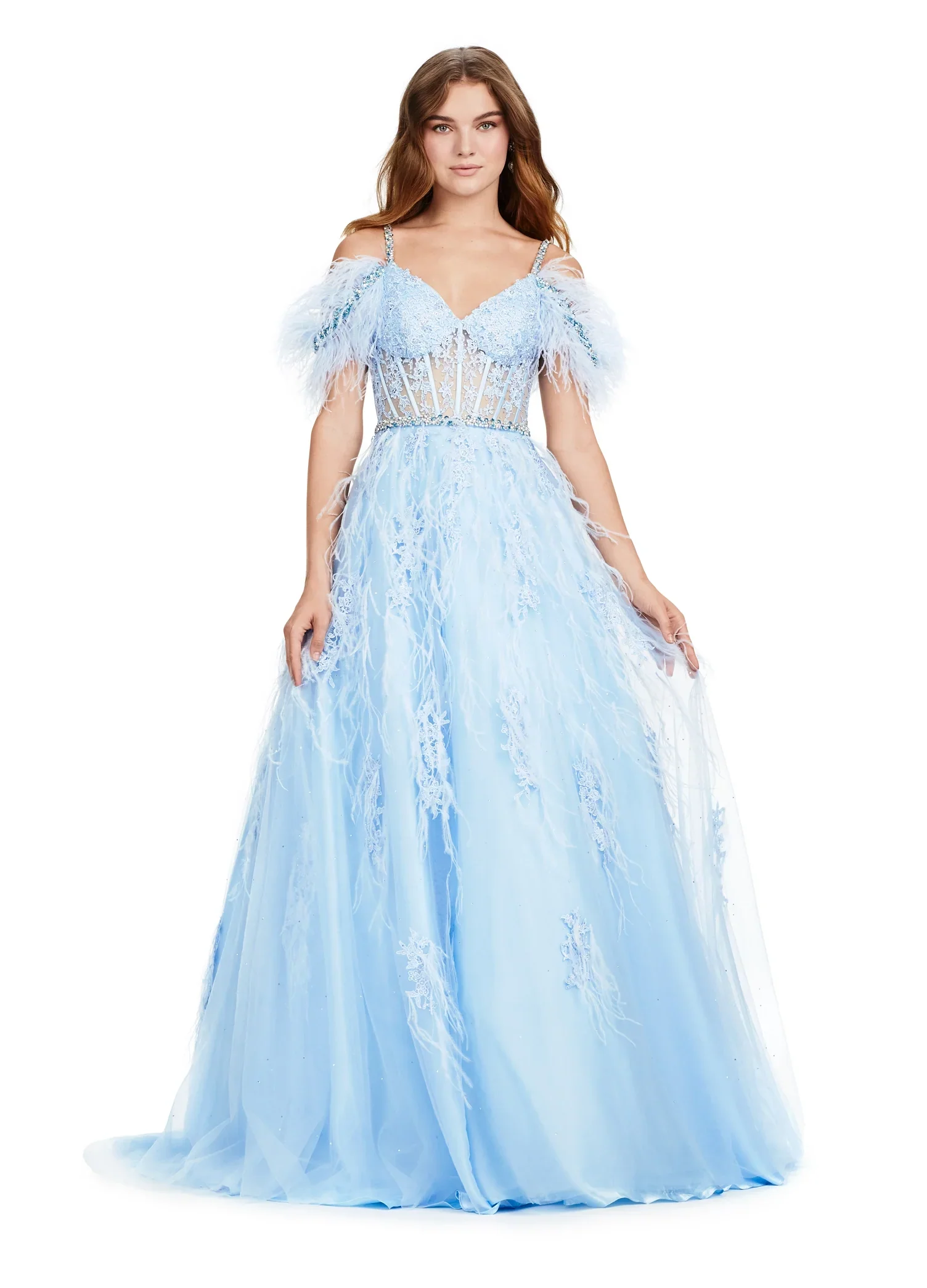 ASHLEYlauren 11447 Size 12 SKY Long Prom Off Shoulder Feather Ball Gown Prom Dress Lace Corset Formal