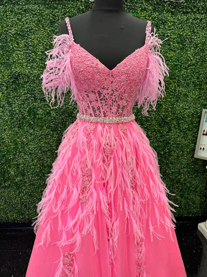 ASHLEYlauren 11447 Size 12 SKY Long Prom Off Shoulder Feather Ball Gown Prom Dress Lace Corset Formal - Image 11