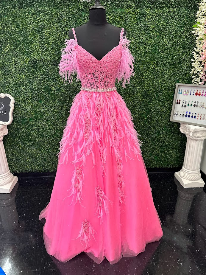 ASHLEYlauren 11447 Size 12 SKY Long Prom Off Shoulder Feather Ball Gown Prom Dress Lace Corset Formal - Image 18