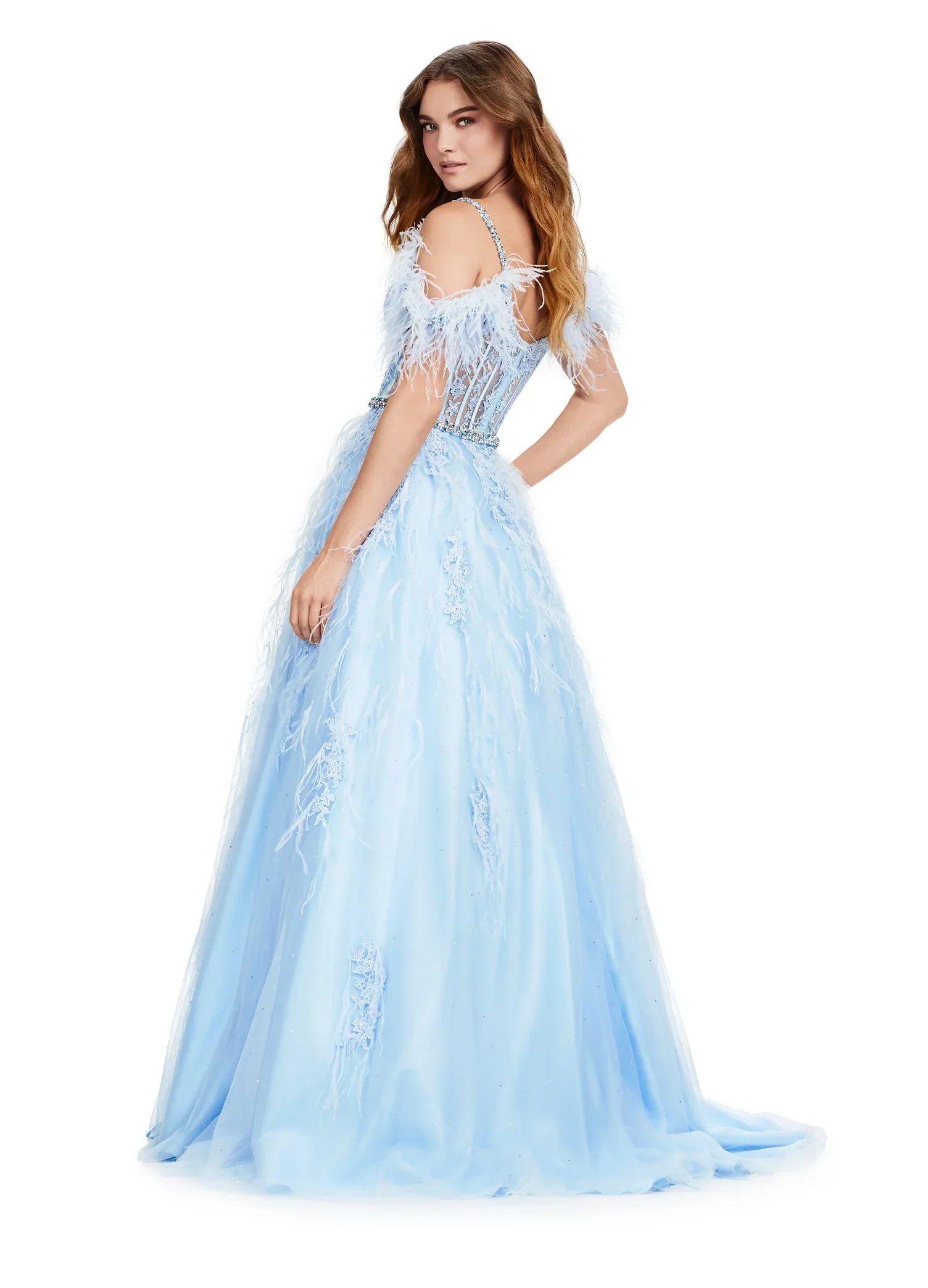 ASHLEYlauren 11447 Size 12 SKY Long Prom Off Shoulder Feather Ball Gown Prom Dress Lace Corset Formal - Image 2