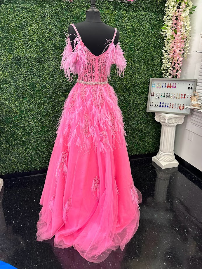 ASHLEYlauren 11447 Size 12 SKY Long Prom Off Shoulder Feather Ball Gown Prom Dress Lace Corset Formal - Image 22