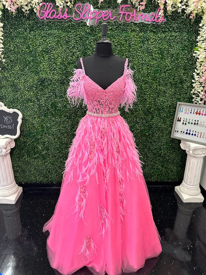 ASHLEYlauren 11447 Size 12 SKY Long Prom Off Shoulder Feather Ball Gown Prom Dress Lace Corset Formal - Image 24