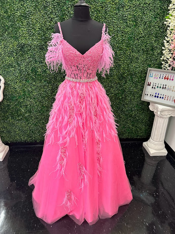 ASHLEYlauren 11447 Size 12 SKY Long Prom Off Shoulder Feather Ball Gown Prom Dress Lace Corset Formal - Image 25