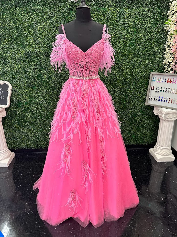 ASHLEYlauren 11447 Size 12 SKY Long Prom Off Shoulder Feather Ball Gown Prom Dress Lace Corset Formal - Image 27