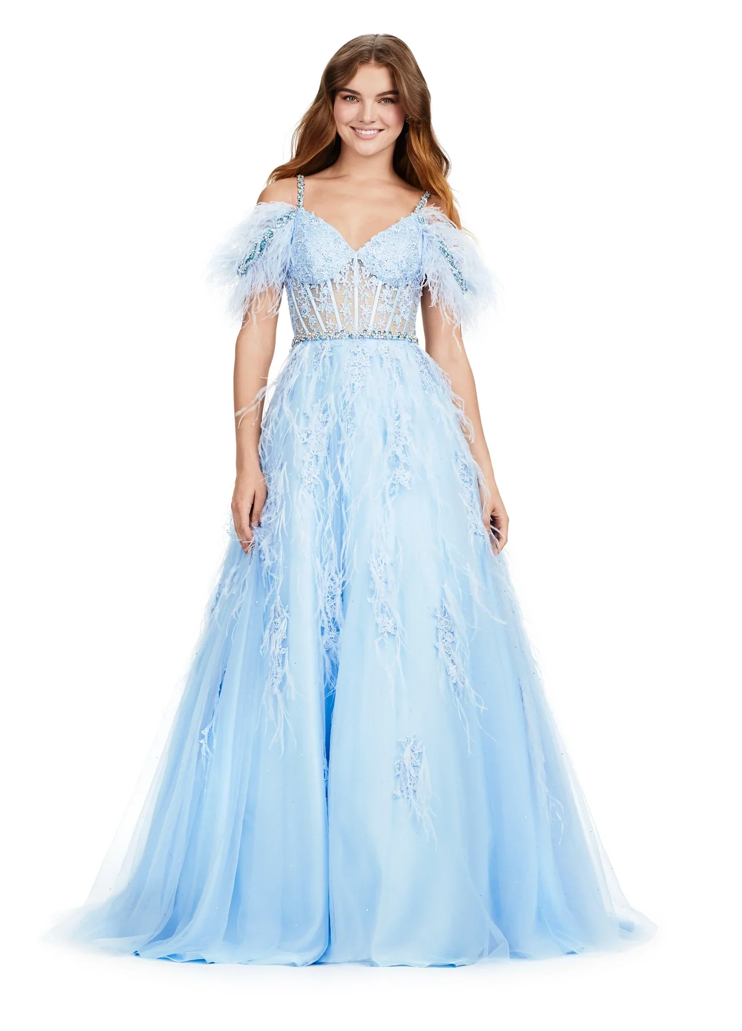 ASHLEYlauren 11447 Size 12 SKY Long Prom Off Shoulder Feather Ball Gown Prom Dress Lace Corset Formal - Image 3