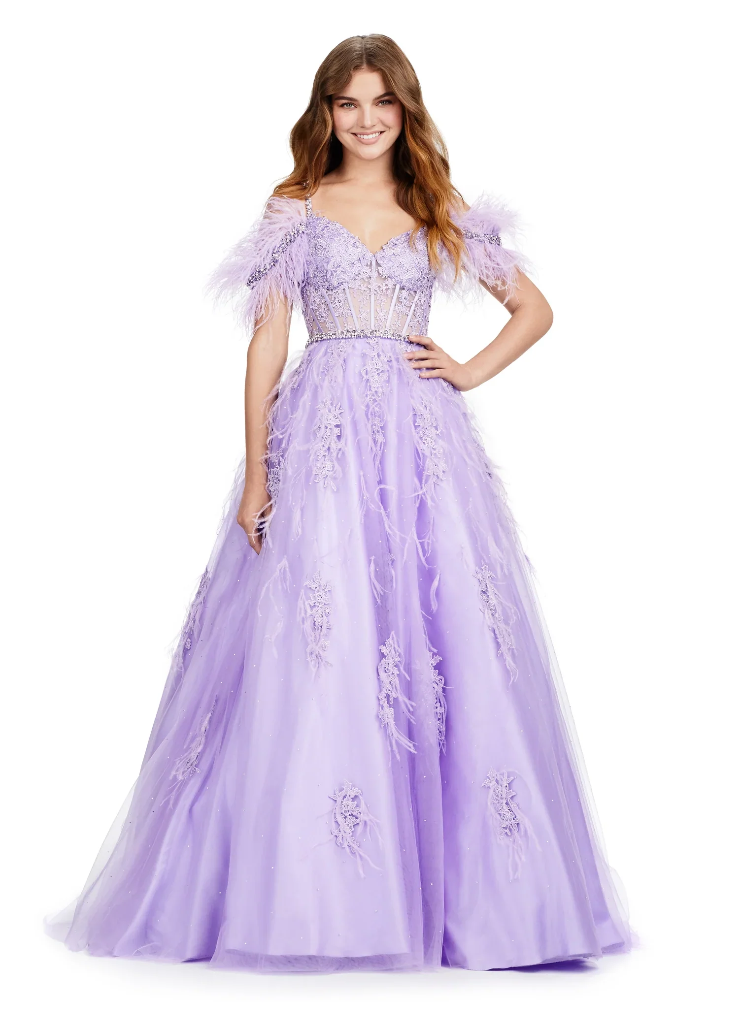 ASHLEYlauren 11447 Size 12 SKY Long Prom Off Shoulder Feather Ball Gown Prom Dress Lace Corset Formal - Image 4