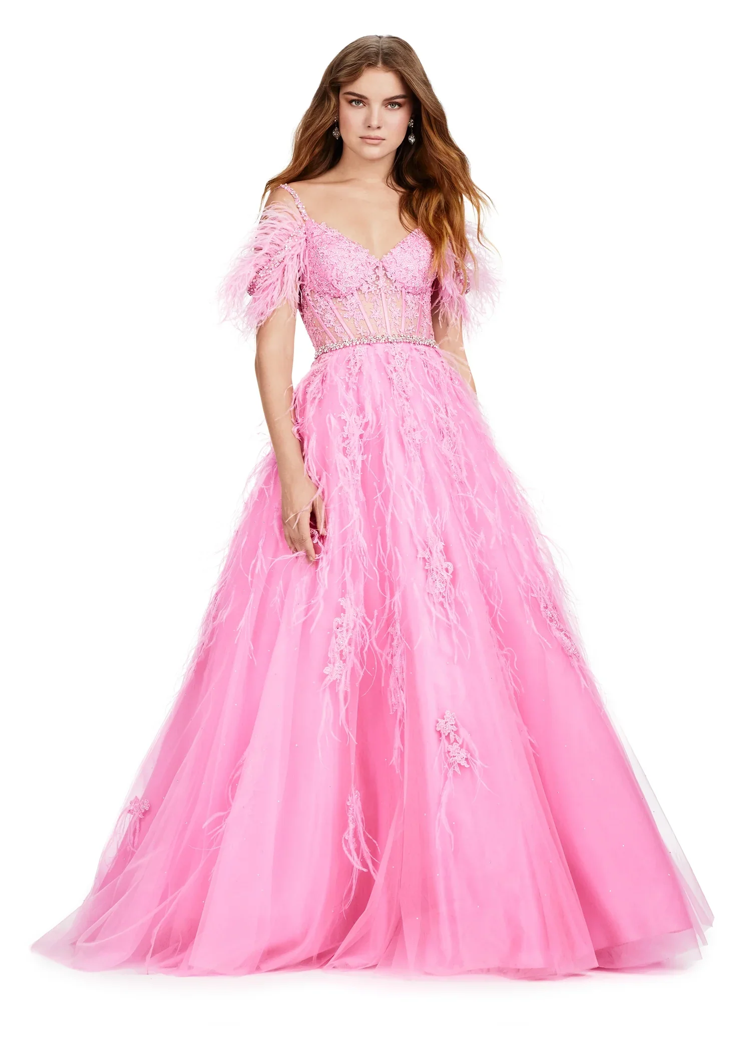 ASHLEYlauren 11447 Size 12 SKY Long Prom Off Shoulder Feather Ball Gown Prom Dress Lace Corset Formal - Image 5