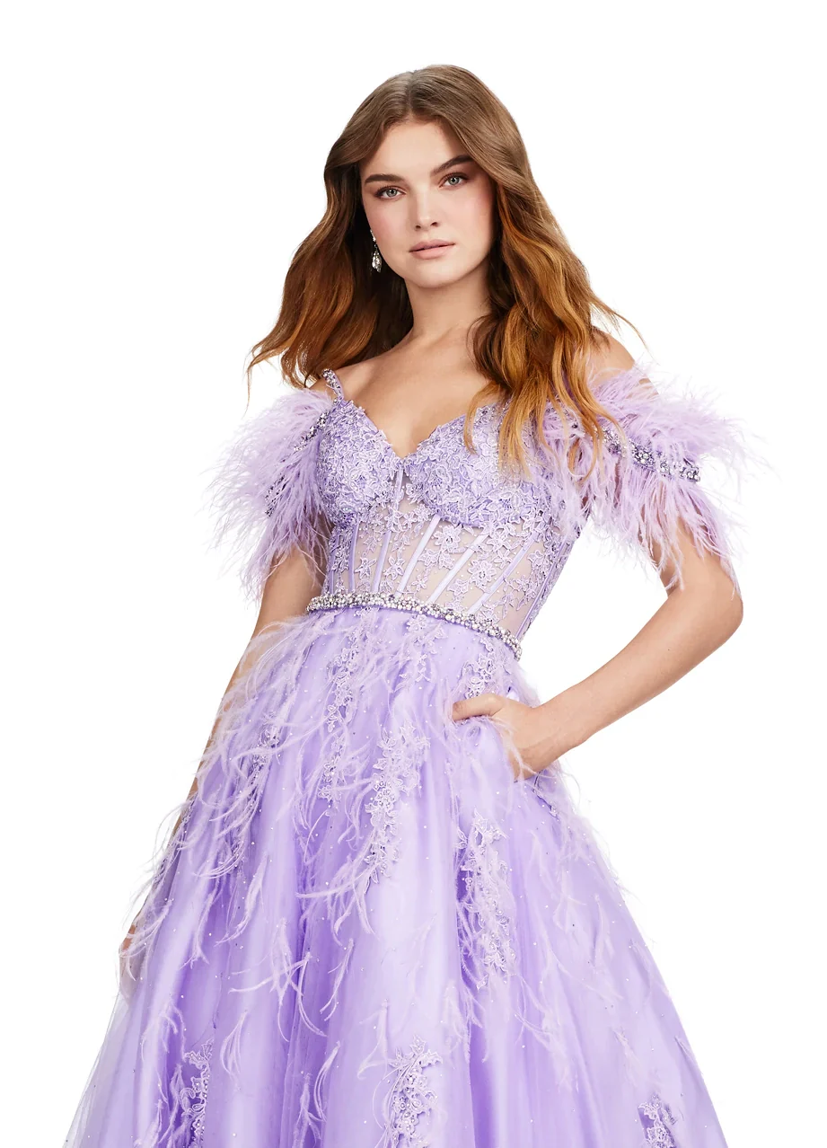 ASHLEYlauren 11447 Size 12 SKY Long Prom Off Shoulder Feather Ball Gown Prom Dress Lace Corset Formal - Image 6
