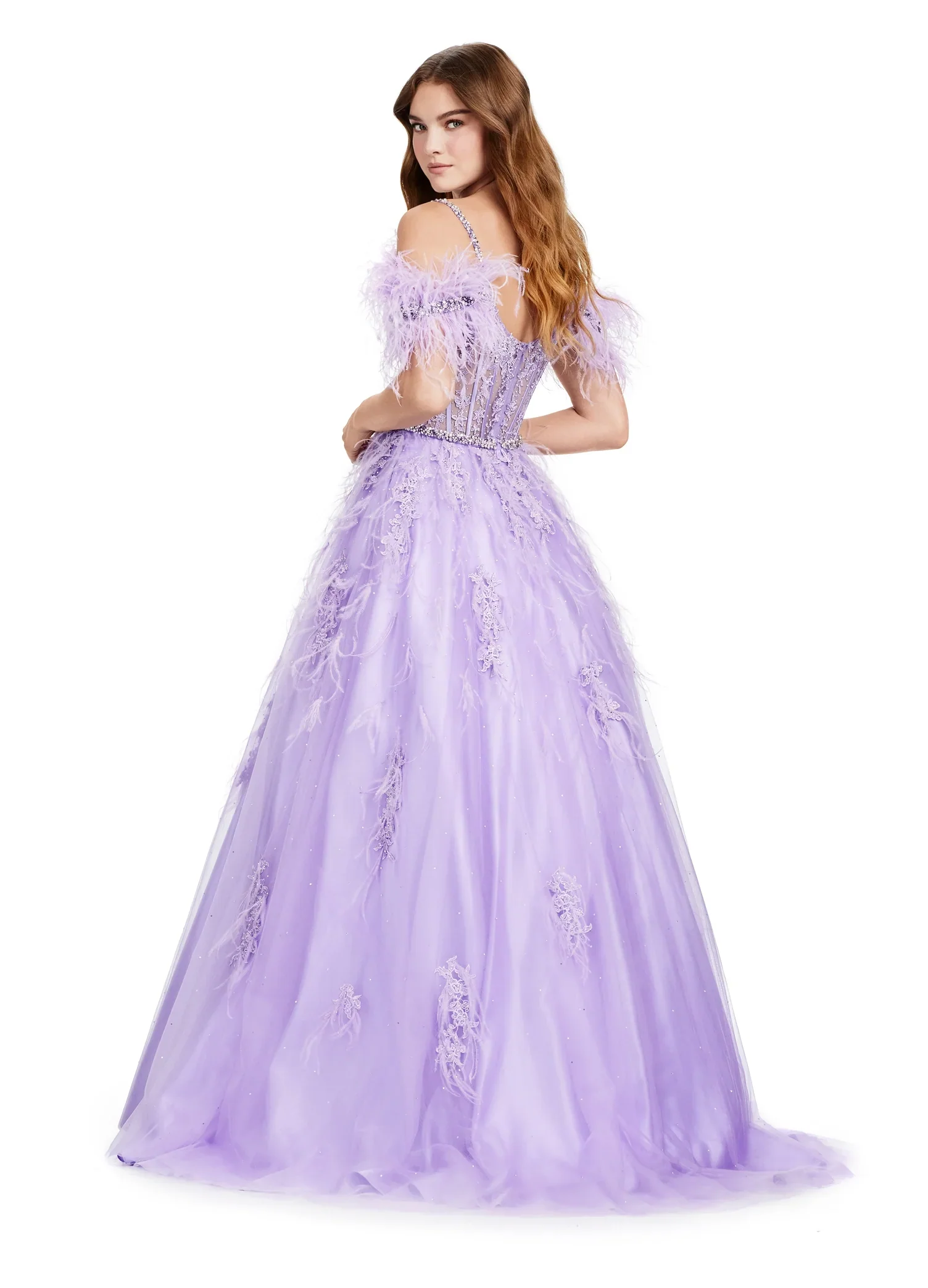 ASHLEYlauren 11447 Size 12 SKY Long Prom Off Shoulder Feather Ball Gown Prom Dress Lace Corset Formal - Image 7