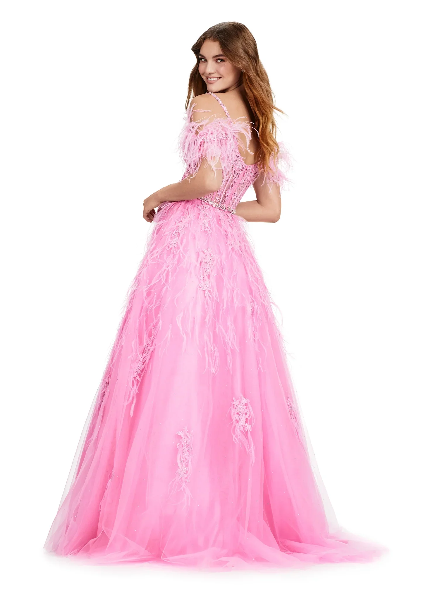 ASHLEYlauren 11447 Size 12 SKY Long Prom Off Shoulder Feather Ball Gown Prom Dress Lace Corset Formal - Image 9