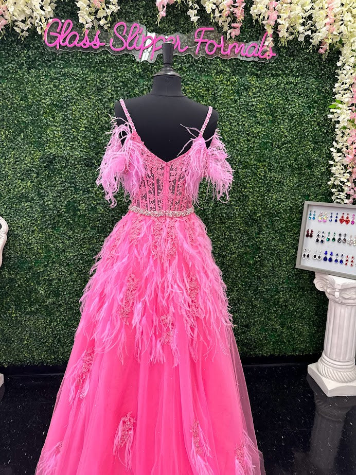 ASHLEYlauren 11447 Size 4 Pink Feather Ball Gown Prom Dress - Image 11
