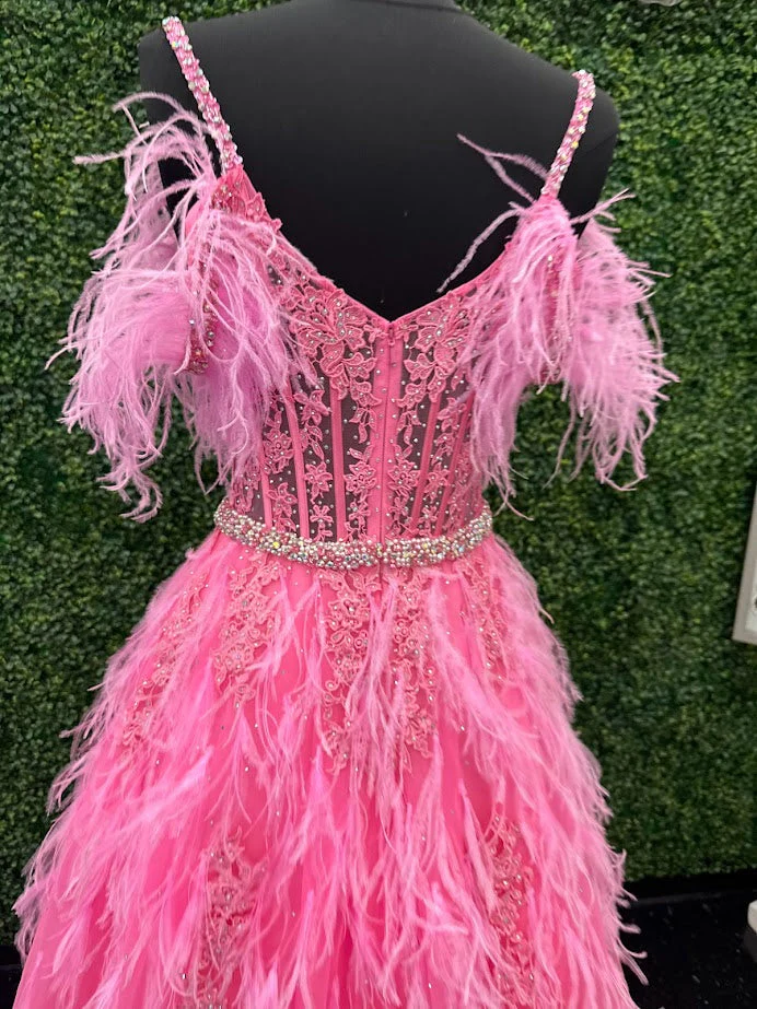ASHLEYlauren 11447 Size 4 Pink Feather Ball Gown Prom Dress - Image 13
