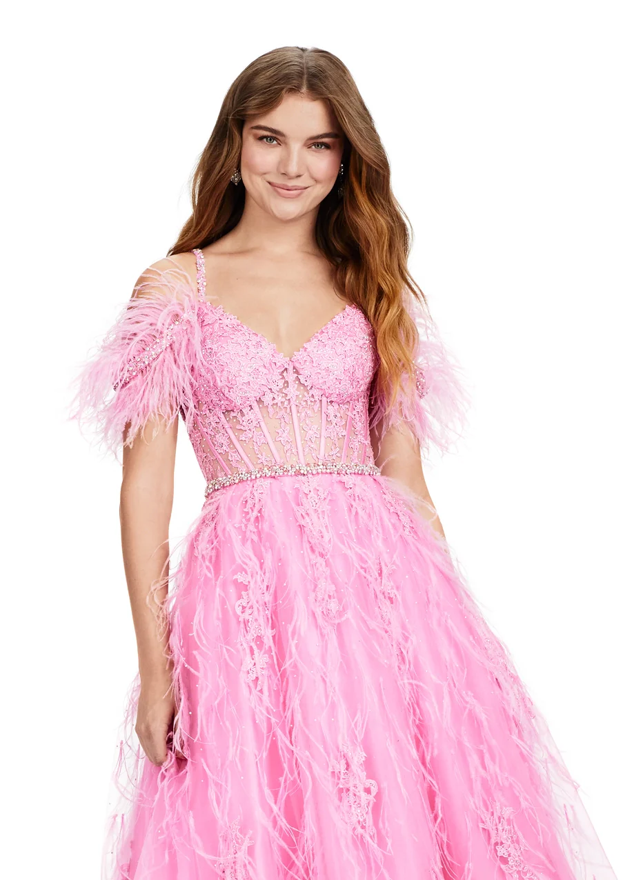 ASHLEYlauren 11447 Size 4 Pink Feather Ball Gown Prom Dress - Image 3