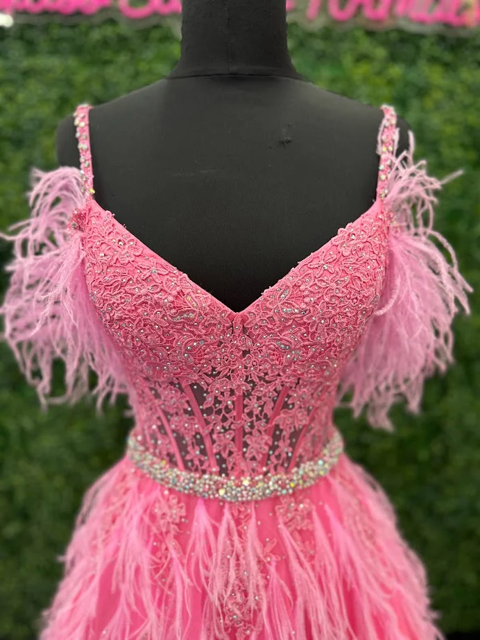 ASHLEYlauren 11447 Size 4 Pink Feather Ball Gown Prom Dress - Image 6