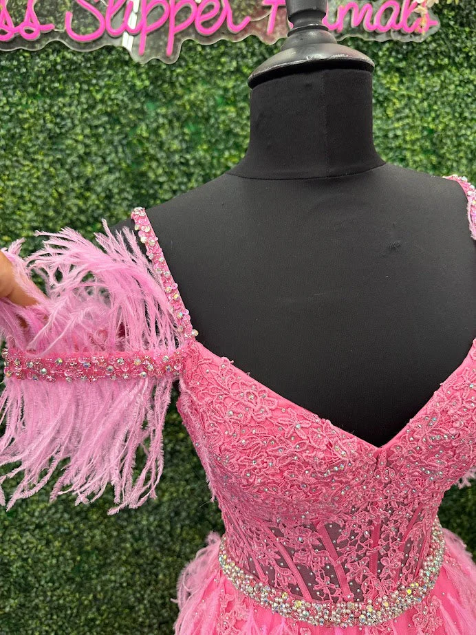 ASHLEYlauren 11447 Size 4 Pink Feather Ball Gown Prom Dress - Image 7