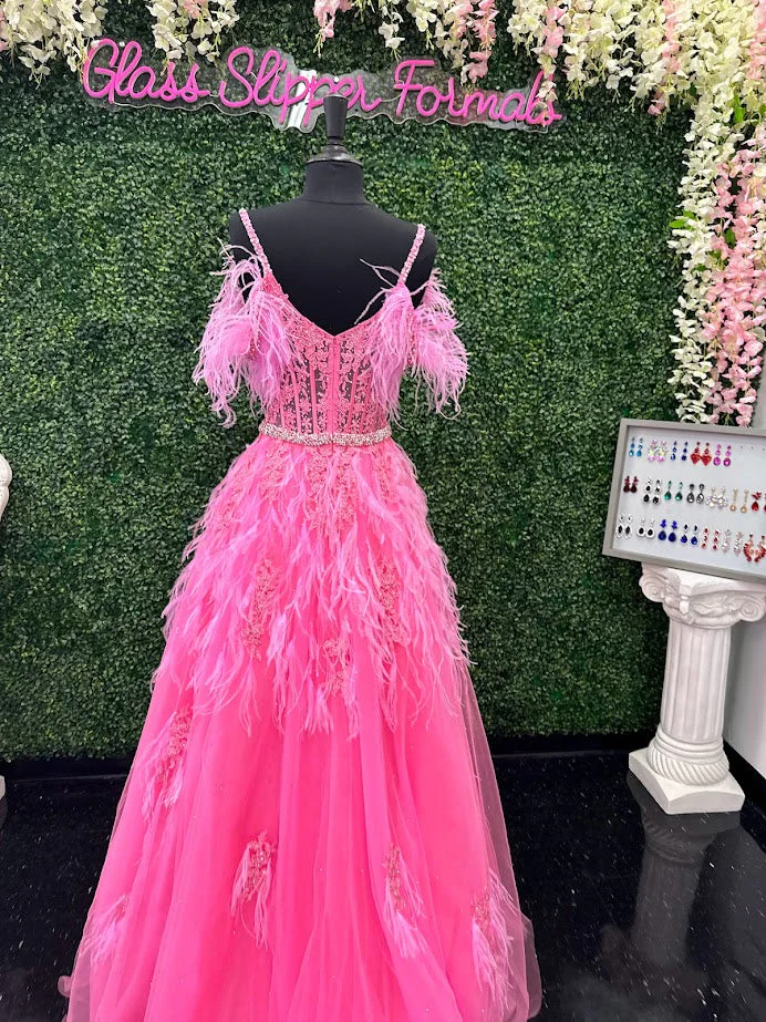ASHLEYlauren 11447 Size 4 Pink Feather Ball Gown Prom Dress - Image 8