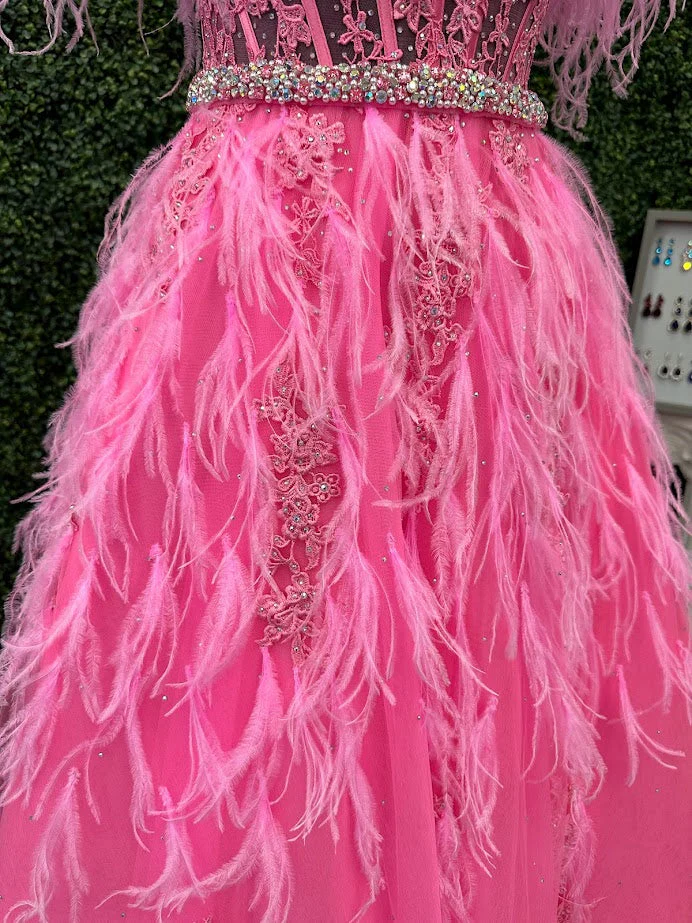 ASHLEYlauren 11447 Size 4 Pink Feather Ball Gown Prom Dress - Image 9