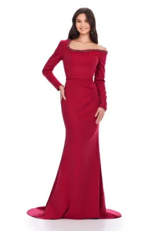 Ashley Lauren 11450 Long Prom Dress Long Sleeve Scuba Gown Beaded Asymmetrical Neckline Formal Pageant - Image 2