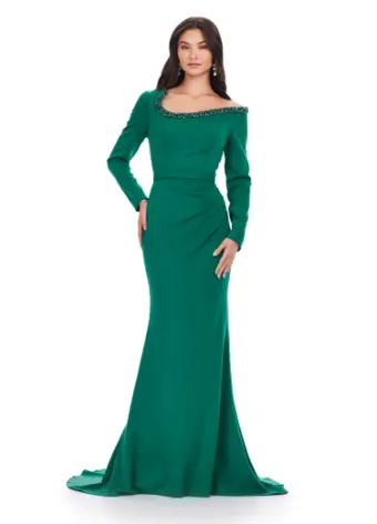 Ashley Lauren 11450 Long Prom Dress Long Sleeve Scuba Gown Beaded Asymmetrical Neckline Formal Pageant - Image 3