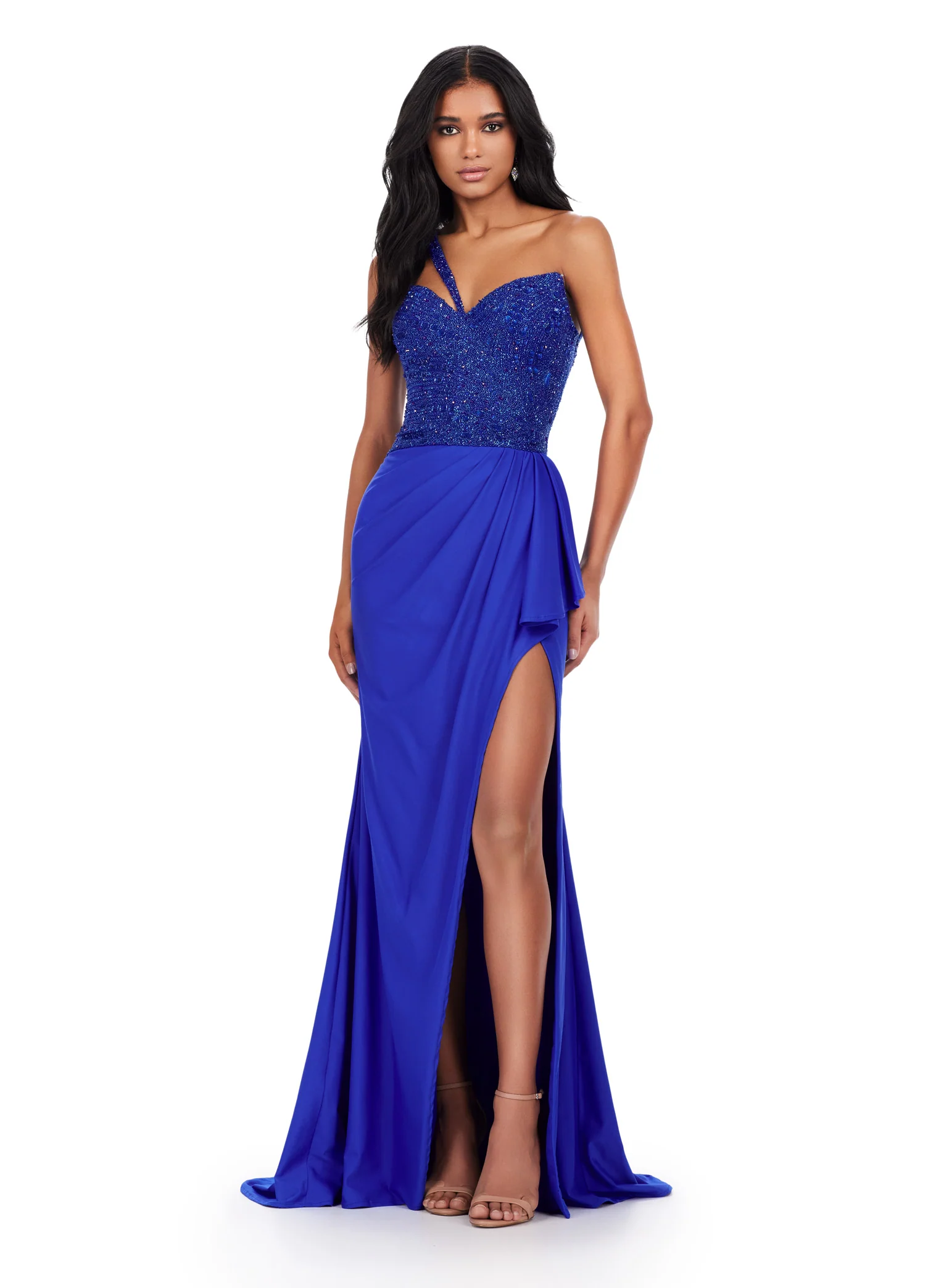 Ashley Lauren 11454 Long Prom Dress One Shoulder Jersey Gown Fully Beaded Bustier Formal  Pageant - Image 3