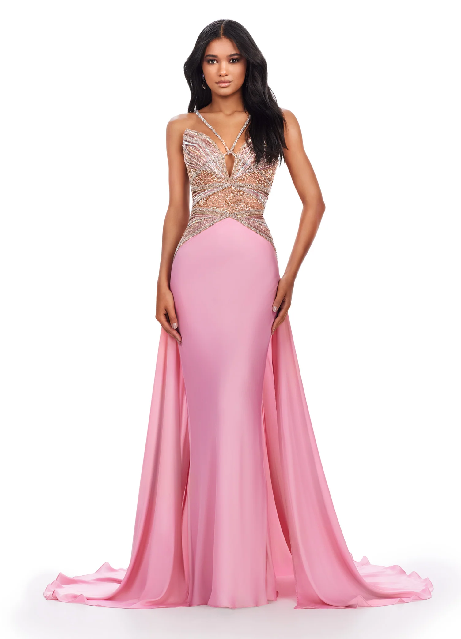 Ashley Lauren 11455 Long Prom Dress Halter Charmeuse Gown Fully Beaded Top V Neck Train Formal Pageant Gown - Image 2