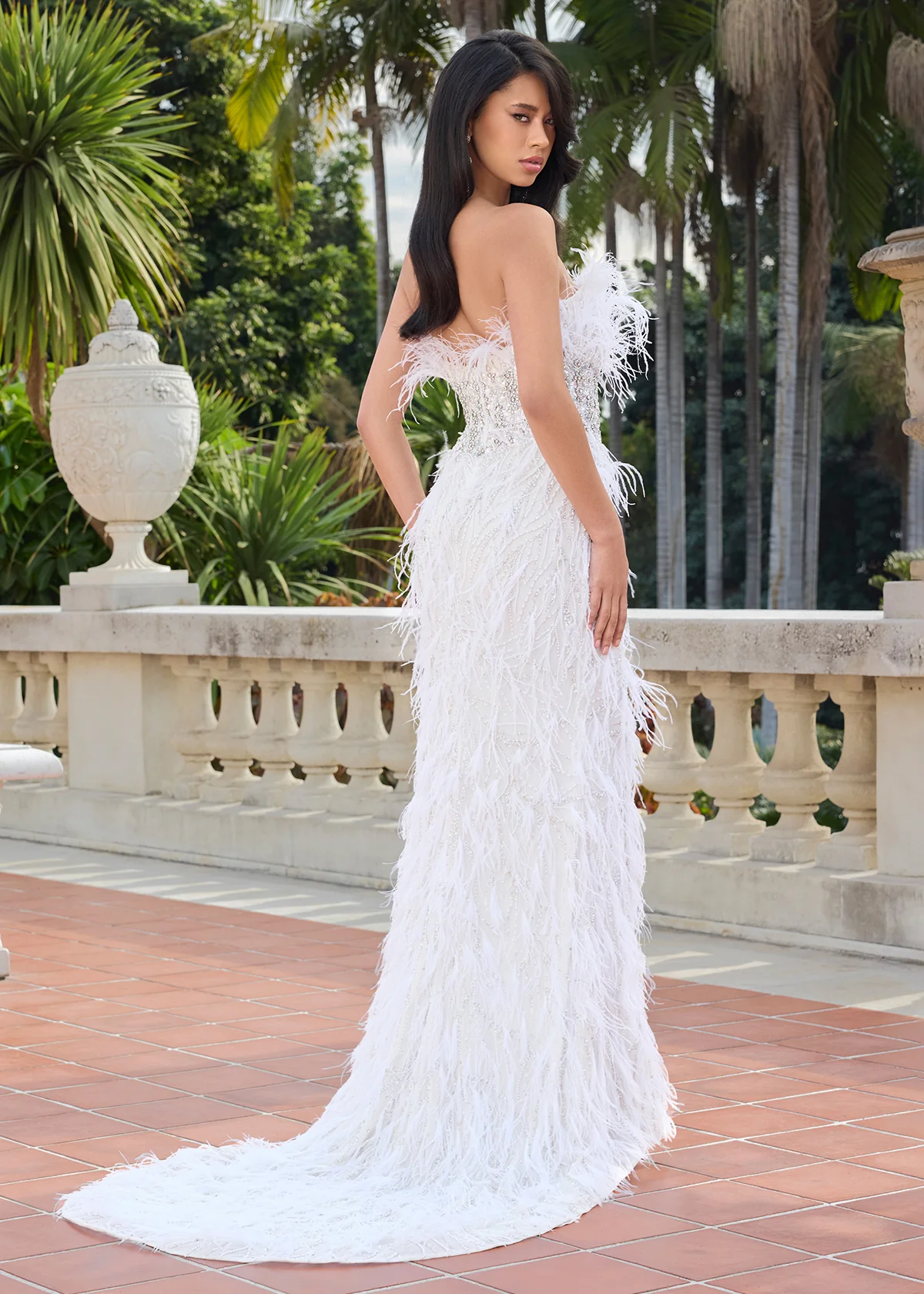 Ashley Lauren 11457 Long Prom Dress Strapless Gown Beading Feathers Slit Formal Pageant Gown - Image 2