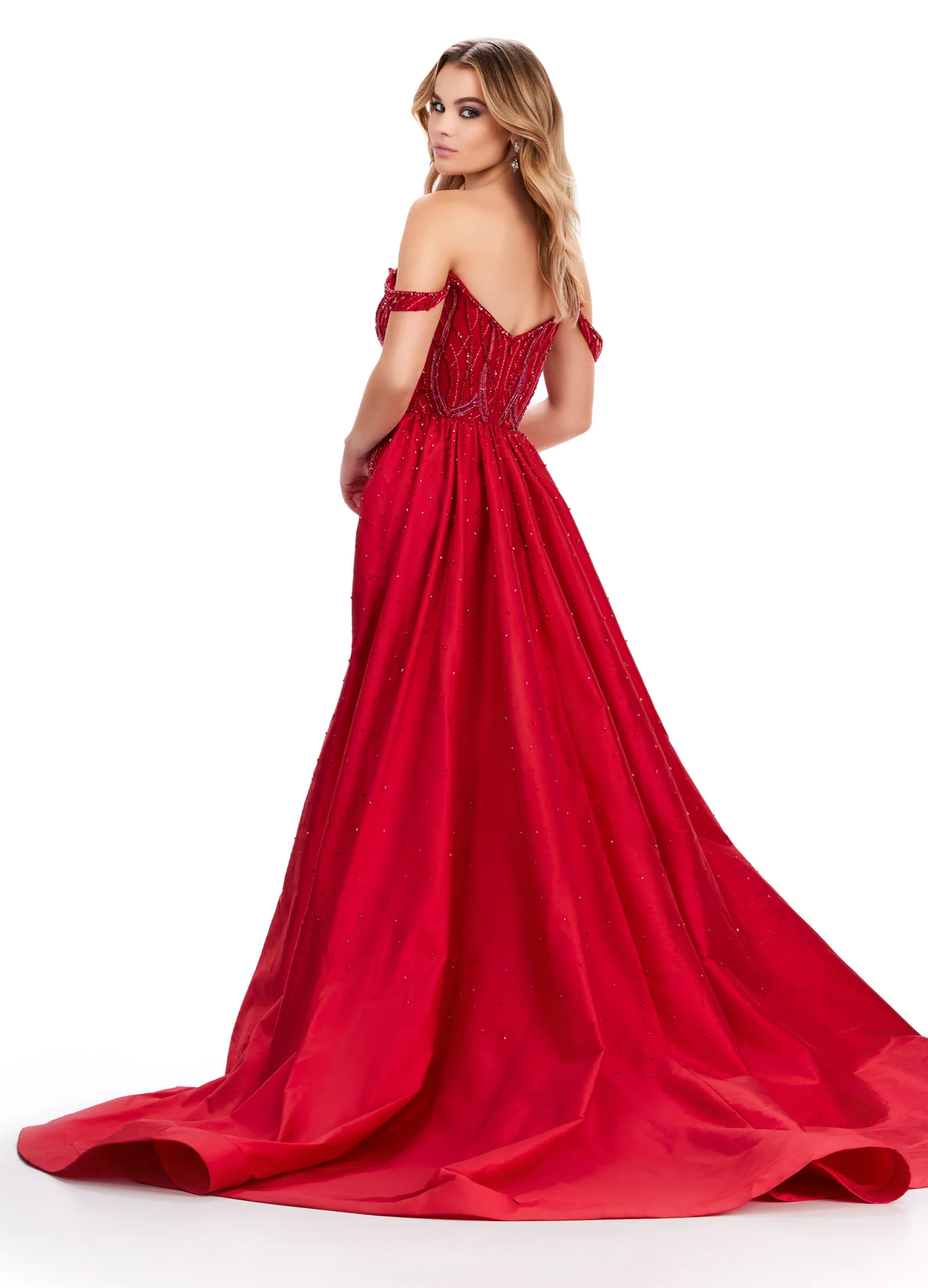 Ashley Lauren 11458 Long Prom Dress Fully Beaded Strapless Gown Off Shoulder Draping Taffeta Overskirt Formal Pageant - Image 2