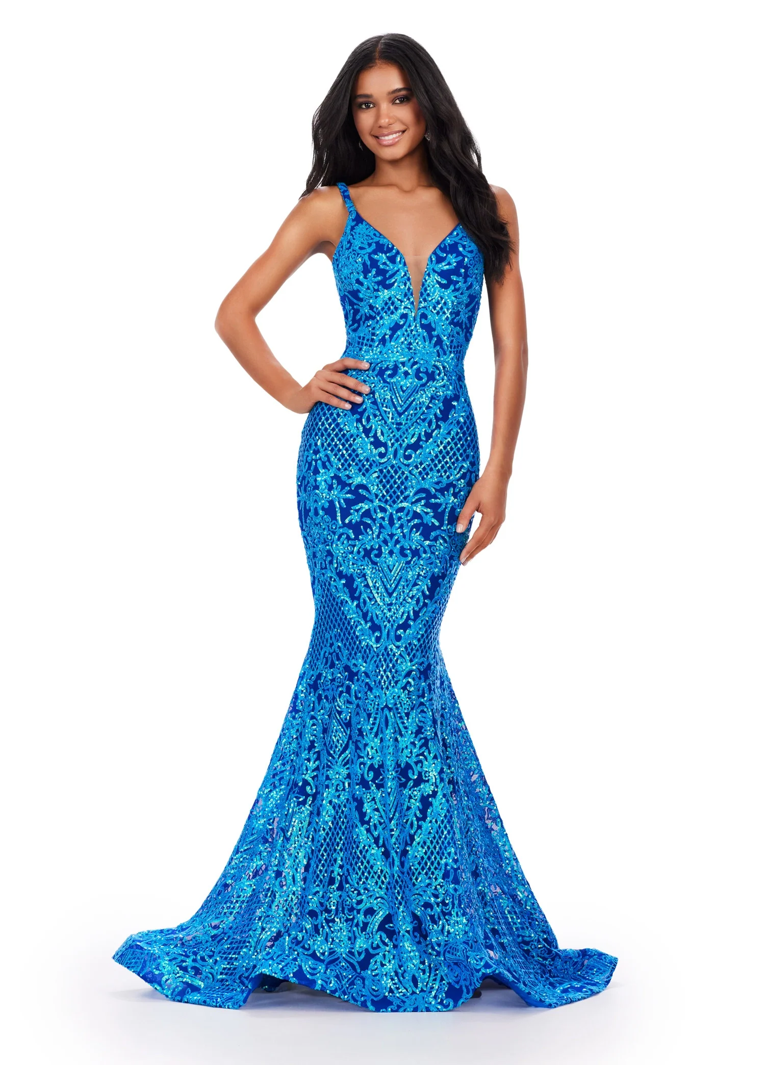 Ashley Lauren 11466 Long Sequin Mermaid Prom Dress V Neck Formal Gown Backless formal gown - Image 2