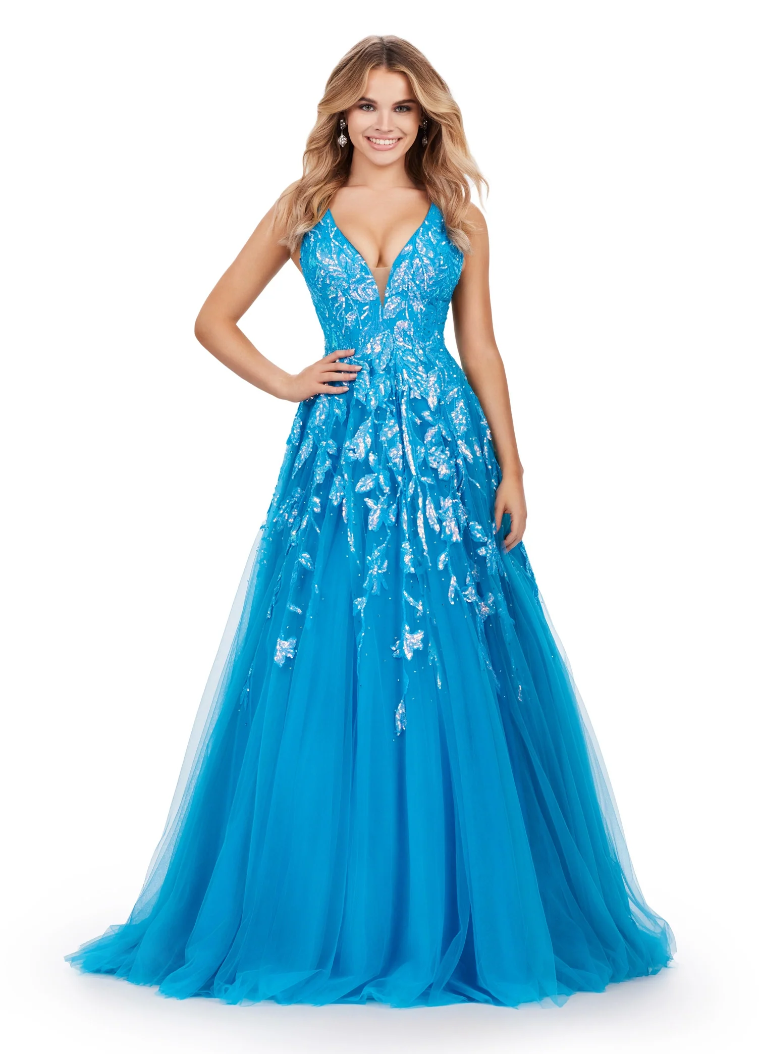 Ashley Lauren 11470 Sequin A Line Tulle Ballgown Prom Dress V Neck Formal Gown - Image 2