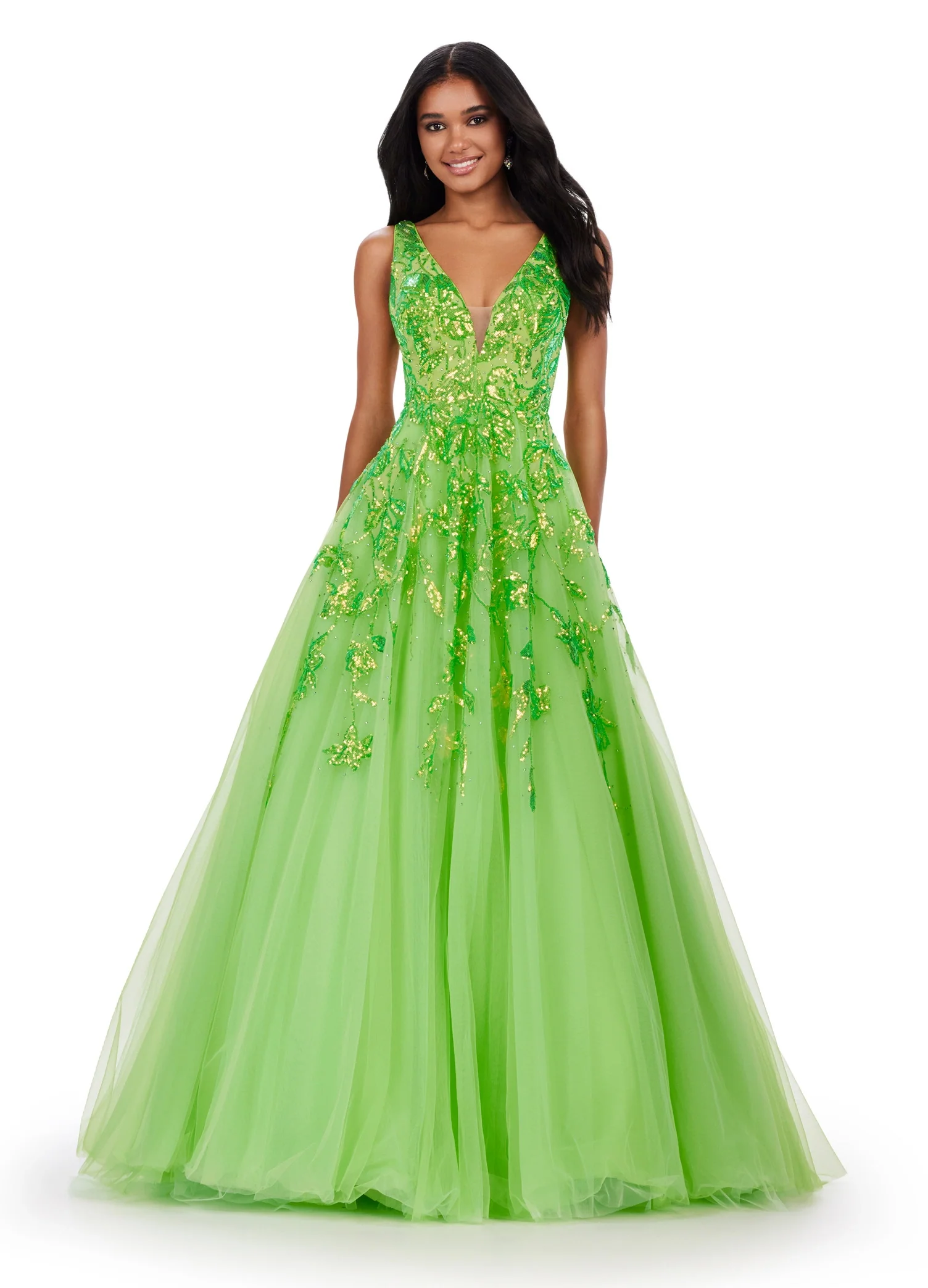 Ashley Lauren 11470 Sequin A Line Tulle Ballgown Prom Dress V Neck Formal Gown - Image 3