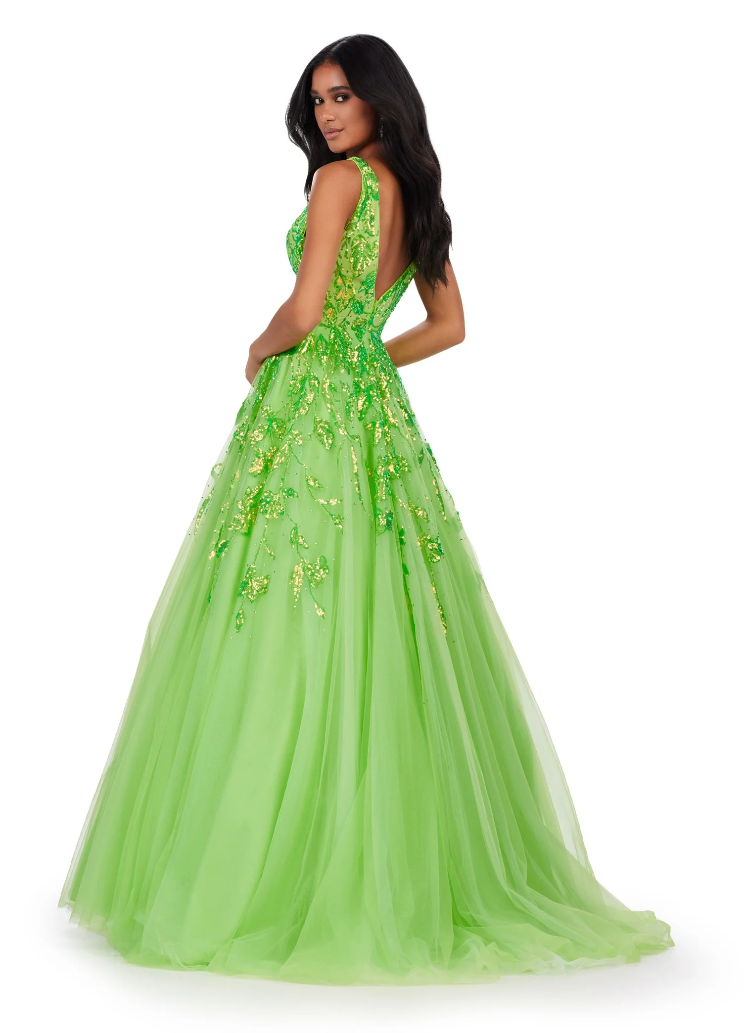 Ashley Lauren 11470 Sequin A Line Tulle Ballgown Prom Dress V Neck Formal Gown - Image 4