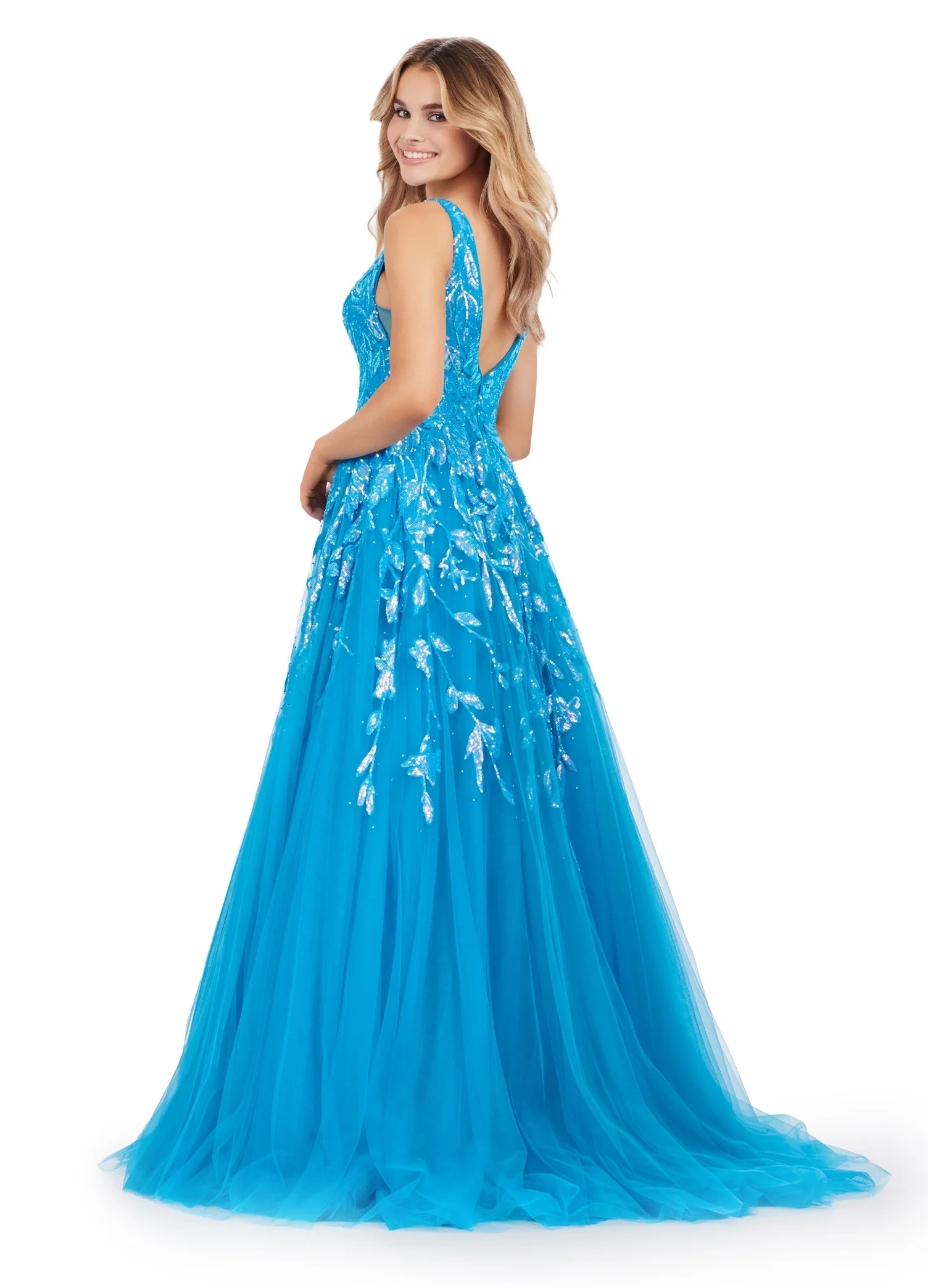 Ashley Lauren 11470 Sequin A Line Tulle Ballgown Prom Dress V Neck Formal Gown - Image 5