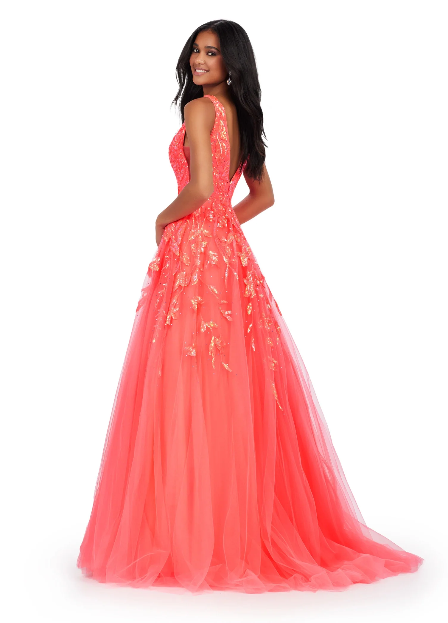 Ashley Lauren 11470 Sequin A Line Tulle Ballgown Prom Dress V Neck Formal Gown - Image 6