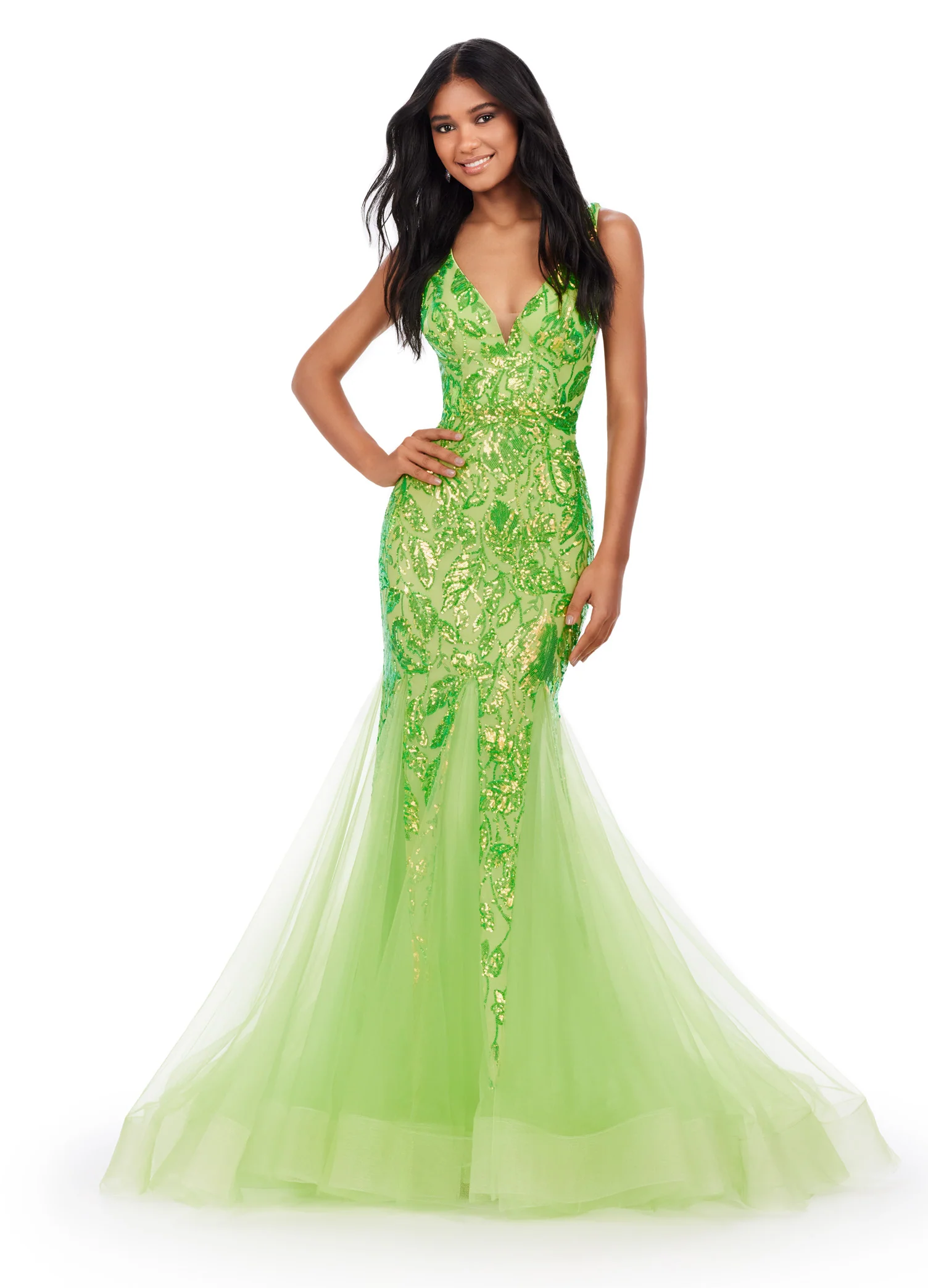 Ashley Lauren 11472 Long Prom Dress V-Neck Stretch Sequin Gown Pleated Tulle Mermaid Skirt Formal Pageant