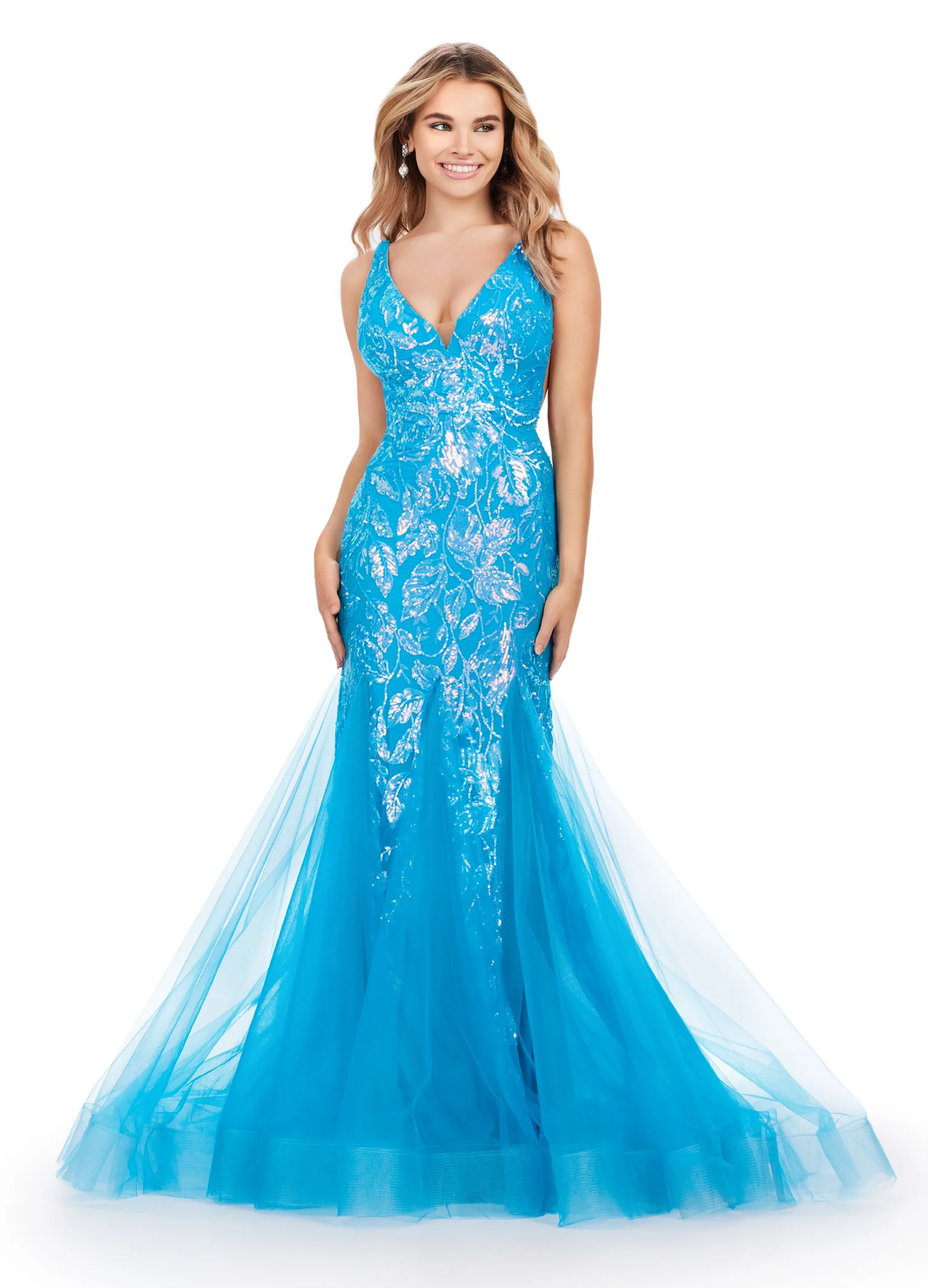Ashley Lauren 11472 Long Prom Dress V-Neck Stretch Sequin Gown Pleated Tulle Mermaid Skirt Formal Pageant - Image 2