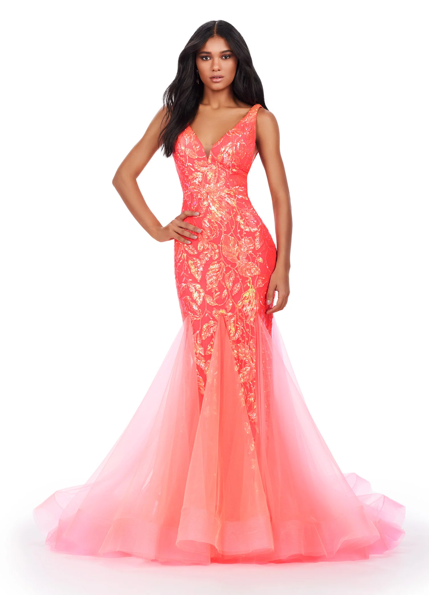 Ashley Lauren 11472 Long Prom Dress V-Neck Stretch Sequin Gown Pleated Tulle Mermaid Skirt Formal Pageant - Image 3