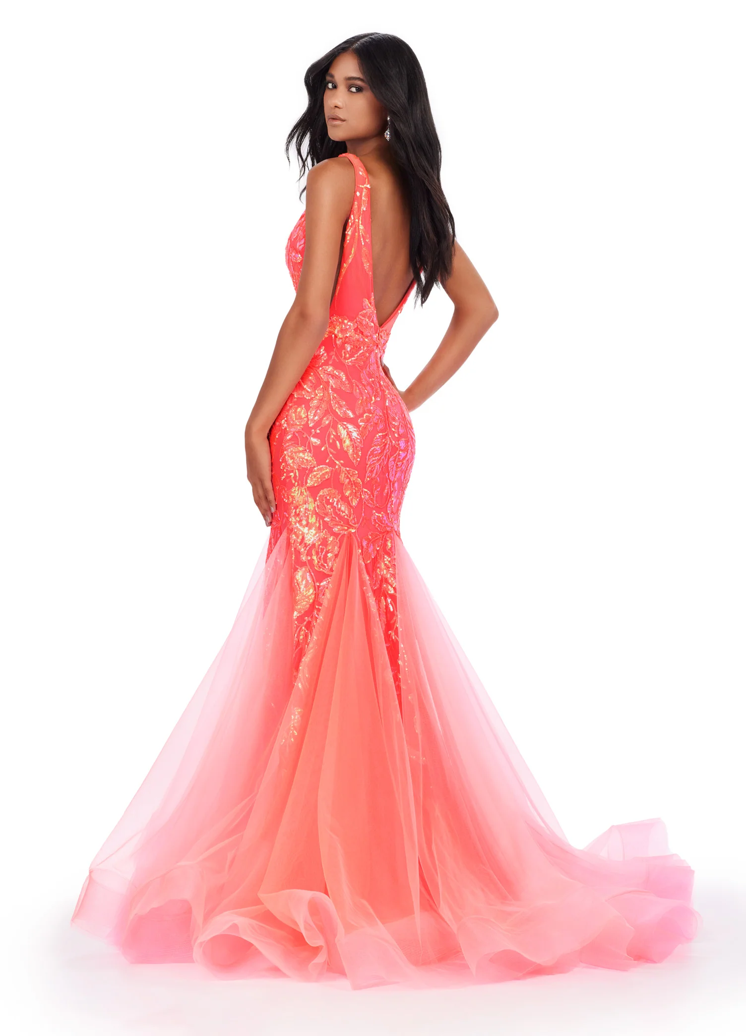 Ashley Lauren 11472 Long Prom Dress V-Neck Stretch Sequin Gown Pleated Tulle Mermaid Skirt Formal Pageant - Image 5