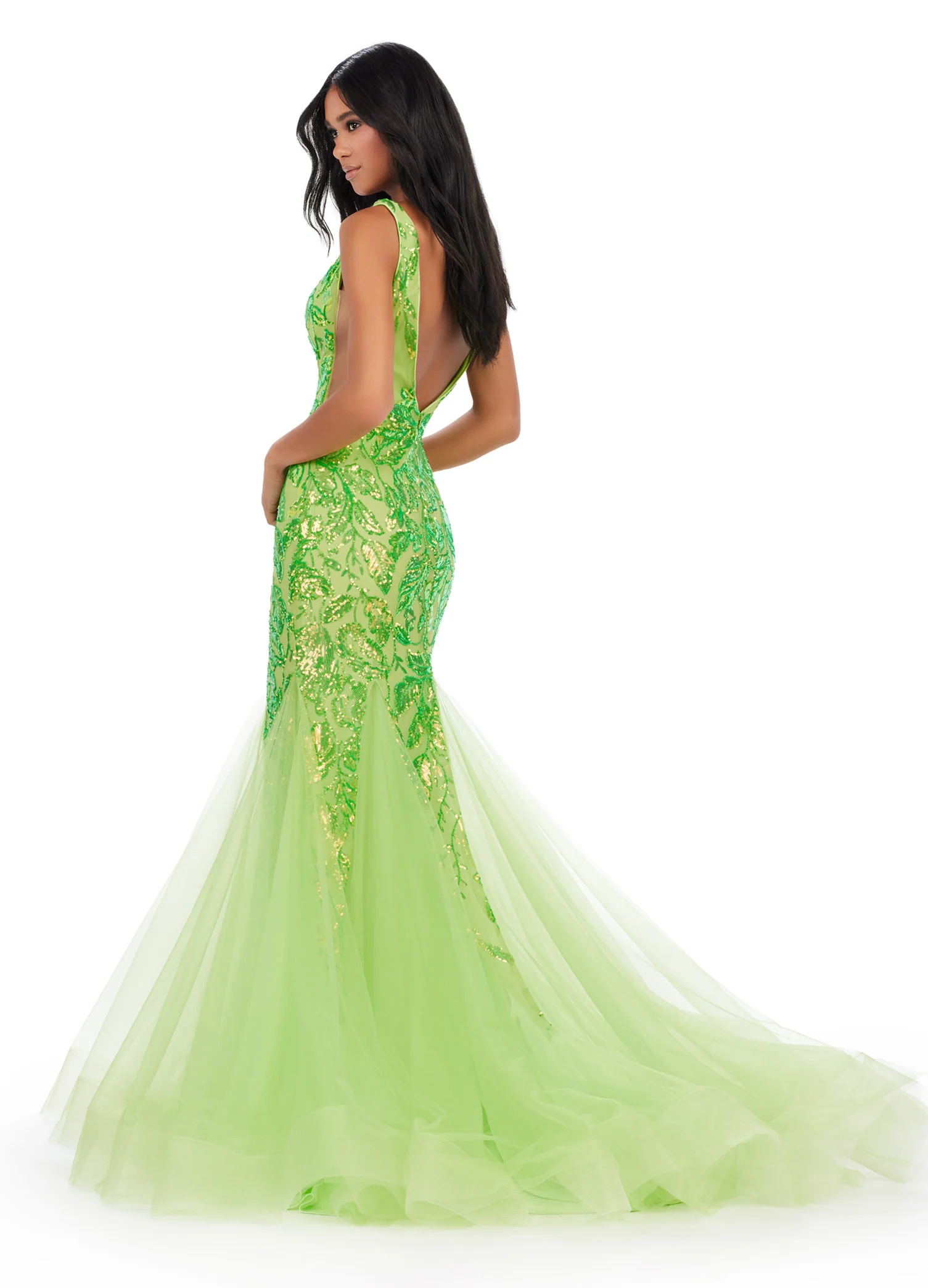 Ashley Lauren 11472 Long Prom Dress V-Neck Stretch Sequin Gown Pleated Tulle Mermaid Skirt Formal Pageant - Image 6